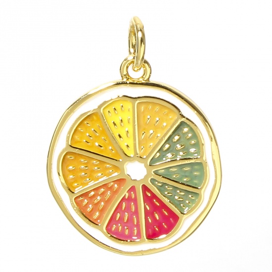 Picture of 1 Piece Brass Charms 18K Real Gold Plated Multicolor Lemon 3D Enamel 18.5mm x 16mm