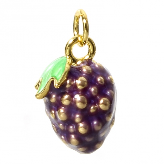 Picture of 1 Piece Brass Charms 18K Real Gold Plated Purple Raspberry Fruit 3D Enamel 13mm x 9mm