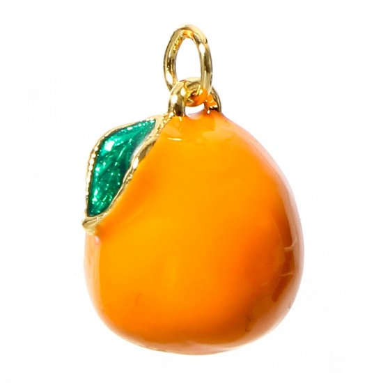 Picture of 1 Piece Brass Charms 18K Real Gold Plated Orange Orange Fruit 3D Enamel 13mm x 12mm