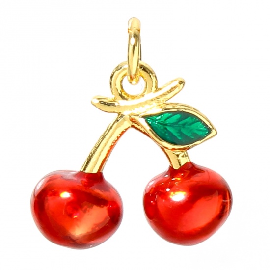 Picture of 1 Piece Brass Charms 18K Real Gold Plated Red Cherry Fruit 3D Enamel 12mm x 11.5mm