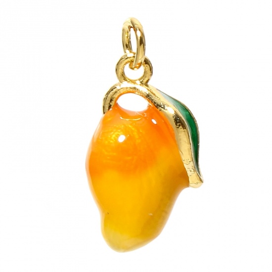 Picture of 1 Piece Brass Charms 18K Real Gold Plated Yellow Mango Fruit 3D Enamel 15.5mm x 9mm