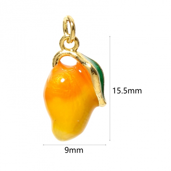 Picture of 1 Piece Brass Charms 18K Real Gold Plated Yellow Mango Fruit 3D Enamel 15.5mm x 9mm