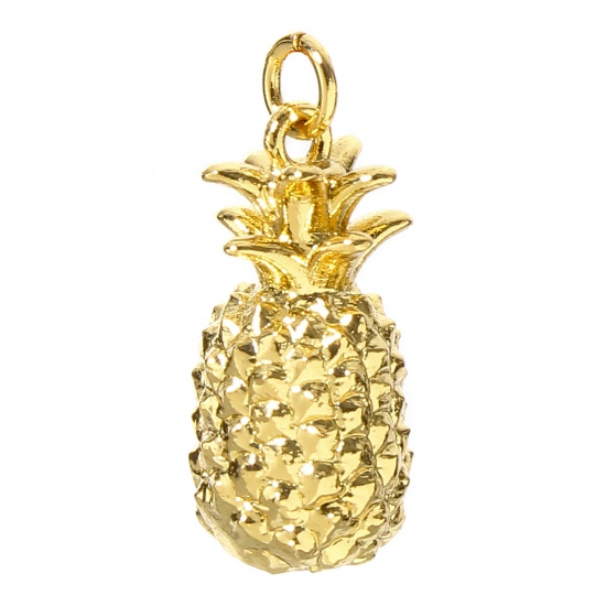 Picture of 1 Piece Brass Charms 18K Real Gold Plated Pineapple/ Ananas Fruit 3D 18mm x 9mm