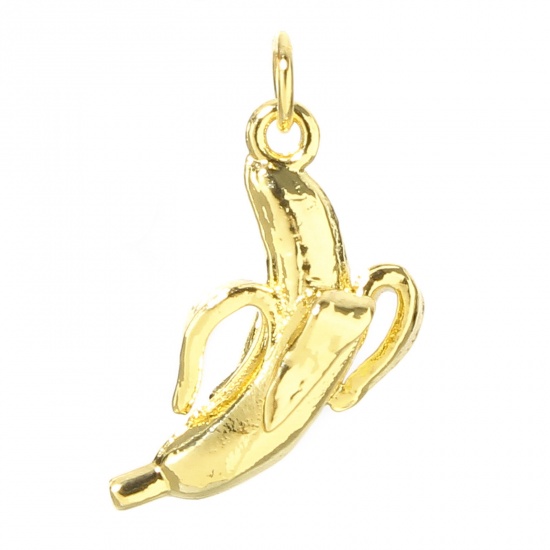 Picture of 1 Piece Brass Charms 18K Real Gold Plated Banana Fruit 3D 18mm x 10mm