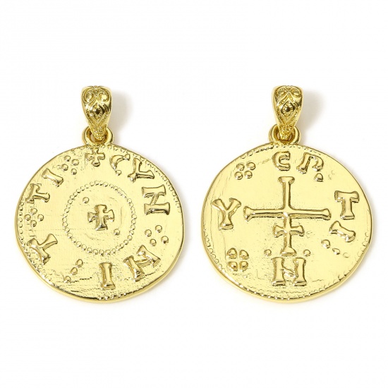 Immagine di 1 Pz Ottone Moneta Ciondoli Pendenti Croce 18K Vero Oro Placcato Doppia Faccia 25mm x 19mm