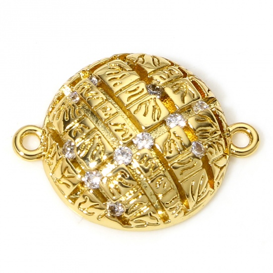 Picture of 1 Piece Brass Connectors Charms Pendants Round Grid Checker 18K Real Gold Plated Clear Cubic Zirconia 19.5mm x 15mm