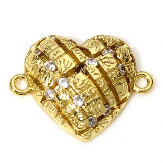 Picture of 1 Piece Brass Connectors Charms Pendants Heart Grid Checker 18K Real Gold Plated Clear Cubic Zirconia 19mm x 15mm