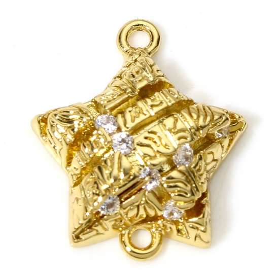 Picture of 1 Piece Brass Connectors Charms Pendants Pentagram Star Grid Checker 18K Real Gold Plated Clear Cubic Zirconia 17.5mm x 15mm