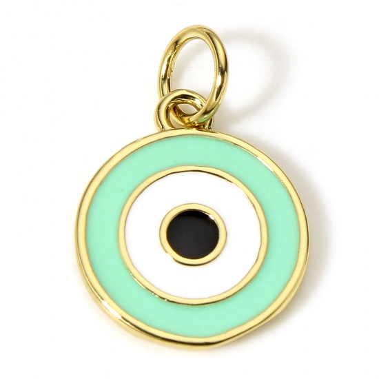 Picture of 2 PCs Brass Religious Charms 18K Real Gold Plated Green Round Evil Eye Enamel 17mm x 11mm