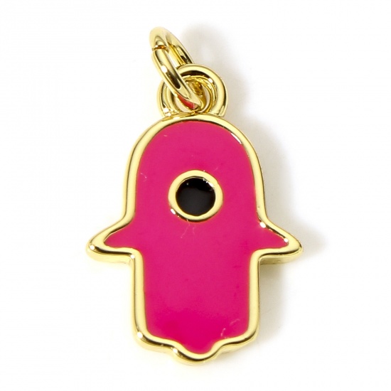 Picture of 2 PCs Brass Religious Charms 18K Real Gold Plated Fuchsia Hamsa Symbol Hand Evil Eye Enamel 15mm x 9mm