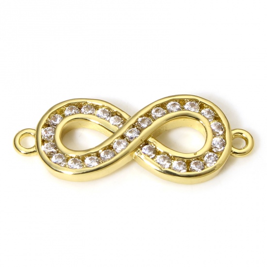 Picture of 1 Piece Brass Connectors Charms Pendants Infinity Symbol 18K Real Gold Plated Micro Pave Clear Cubic Zirconia 20mm x 7.5mm
