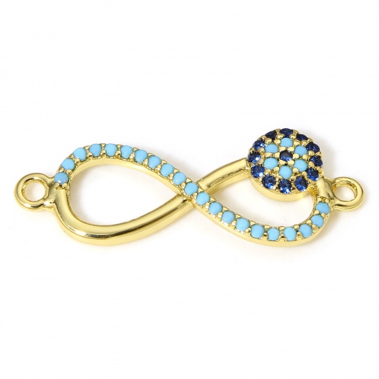 Picture of 1 Piece Brass Connectors Charms Pendants Infinity Symbol Evil Eye 18K Real Gold Plated Micro Pave Blue Cubic Zirconia 28mm x 10mm