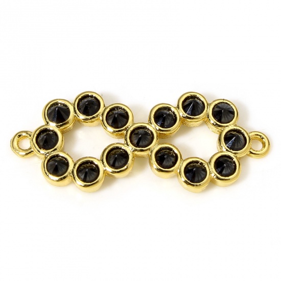Picture of 1 Piece Brass Connectors Charms Pendants Infinity Symbol 18K Real Gold Plated Micro Pave Black Cubic Zirconia 23mm x 9mm