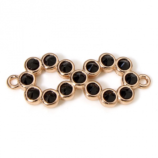 Picture of 1 Piece Brass Connectors Charms Pendants Infinity Symbol Real Rose Gold Plated Micro Pave Black Cubic Zirconia 23mm x 9mm