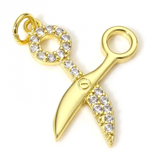 Picture of 1 Piece Brass Charms 18K Real Gold Plated Scissor Micro Pave Clear Cubic Zirconia 22mm x 17mm