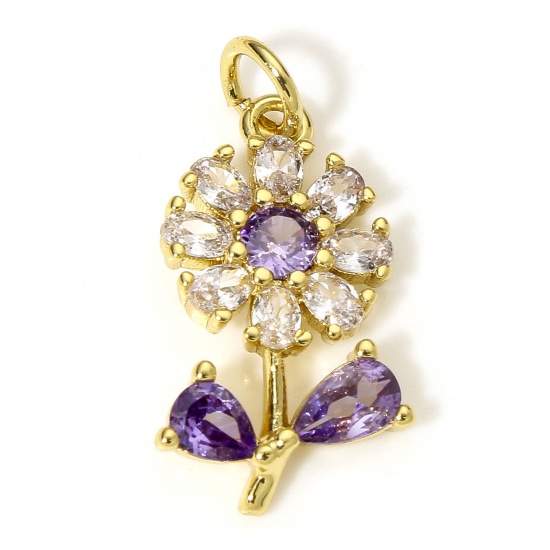 Picture of 1 Piece Brass Charms 18K Real Gold Plated Flower Leaves Purple Cubic Zirconia 22mm x 11mm