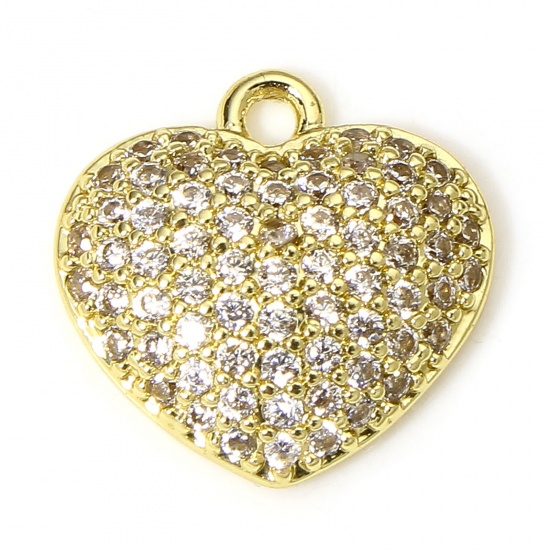 Picture of 1 Piece Brass Valentine's Day Charms 18K Real Gold Plated Heart Micro Pave Clear Cubic Zirconia 11mm x 11mm
