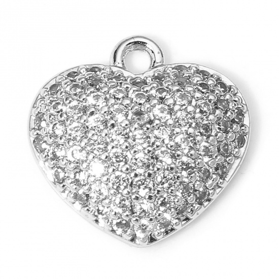 Picture of 1 Piece Brass Valentine's Day Charms Real Platinum Plated Heart Micro Pave Clear Cubic Zirconia 11mm x 11mm