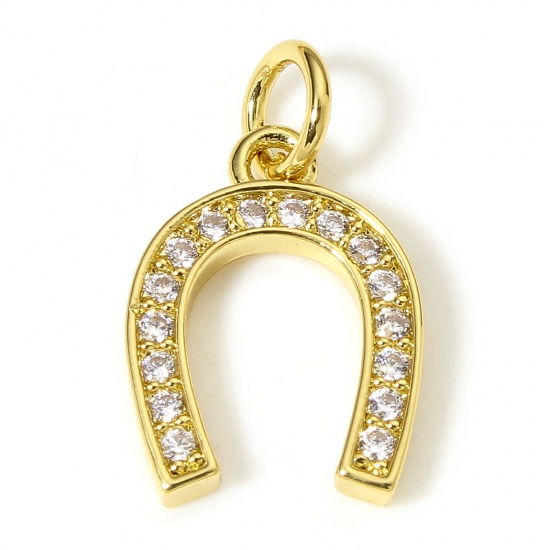 Picture of 1 Piece Brass Charms 18K Real Gold Plated Luck Horseshoe Micro Pave Clear Cubic Zirconia 17mm x 10mm
