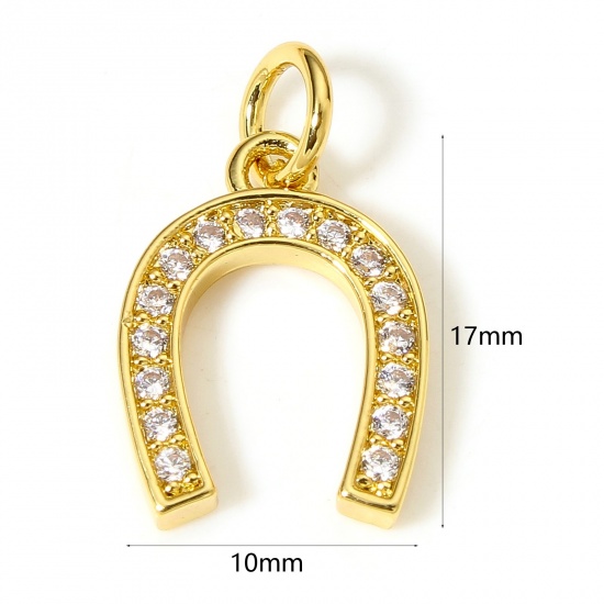 Picture of 1 Piece Brass Charms 18K Real Gold Plated Luck Horseshoe Micro Pave Clear Cubic Zirconia 17mm x 10mm