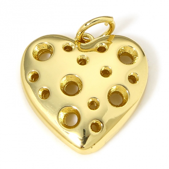 Picture of 1 Piece Brass Valentine's Day Charms 18K Real Gold Plated Heart Hollow 19mm x 15mm