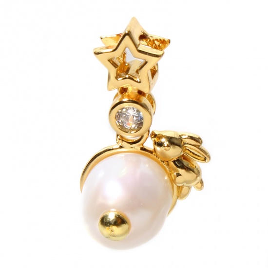 Picture of 1 Piece Brass Charms 18K Real Gold Plated Imitation Pearl Clear Cubic Zirconia 22mm x 13mm