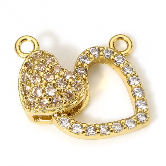 Picture of 1 Piece Brass Valentine's Day Connectors Charms Pendants Heart 18K Real Gold Plated Micro Pave Clear Cubic Zirconia 22mm x 11mm
