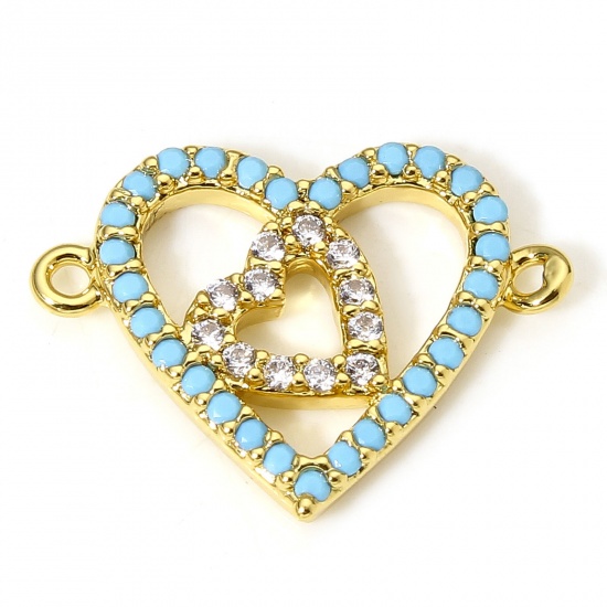 Picture of 1 Piece Brass Valentine's Day Connectors Charms Pendants Heart 18K Real Gold Plated Micro Pave Clear & Blue Cubic Zirconia 17mm x 13mm