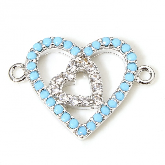 Picture of 1 Piece Brass Valentine's Day Connectors Charms Pendants Heart Real Platinum Plated Micro Pave Clear & Blue Cubic Zirconia 17mm x 13mm