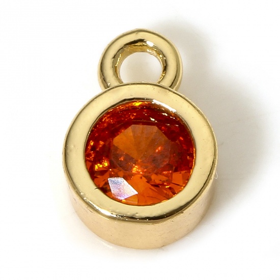 Picture of 2 PCs Eco-friendly Brass Birthstone Charms 18K Real Gold Plated Round July Orange-red Cubic Zirconia 8mm x 5.5mm
