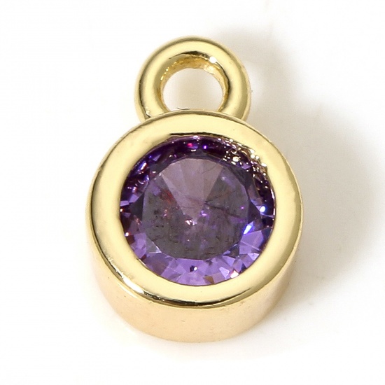 Picture of 2 PCs Eco-friendly Brass Birthstone Charms 18K Real Gold Plated Round February Purple Cubic Zirconia 8mm x 5.5mm
