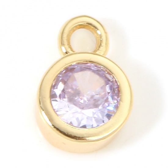 Picture of 2 PCs Eco-friendly Brass Birthstone Charms 18K Real Gold Plated Round June Mauve Cubic Zirconia 8mm x 5.5mm