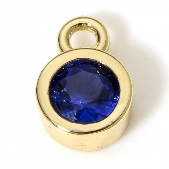 Picture of 2 PCs Eco-friendly Brass Birthstone Charms 18K Real Gold Plated Round September Royal Blue Cubic Zirconia 8mm x 5.5mm