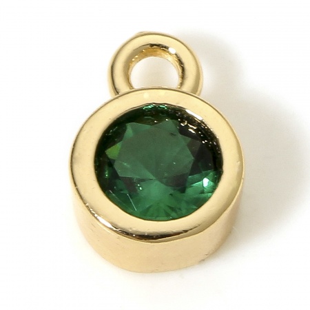 Picture of Brass Birthstone Charms 18K Real Gold Plated Round Multicolour Cubic Zirconia 8mm x 5.5mm