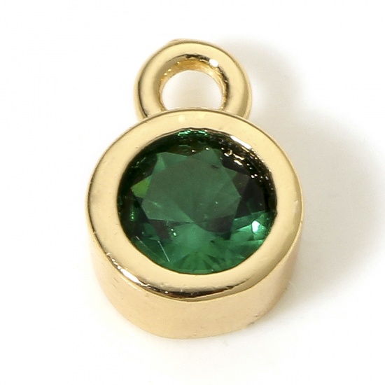 Picture of 2 PCs Eco-friendly Brass Birthstone Charms 18K Real Gold Plated Round May Emerald Cubic Zirconia 8mm x 5.5mm