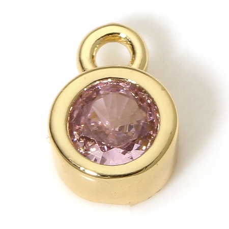 Picture of Brass Birthstone Charms 18K Real Gold Plated Round Multicolour Cubic Zirconia 8mm x 5.5mm
