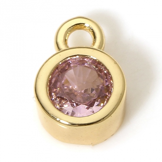 Picture of 2 PCs Eco-friendly Brass Birthstone Charms 18K Real Gold Plated Round October Pink Cubic Zirconia 8mm x 5.5mm