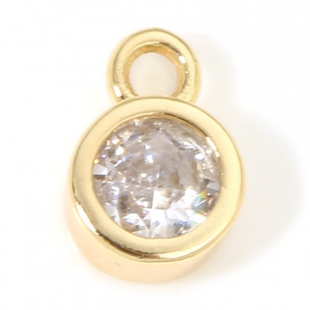 Picture of Brass Birthstone Charms 18K Real Gold Plated Round Multicolour Cubic Zirconia 8mm x 5.5mm