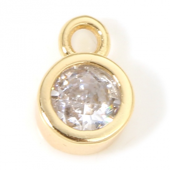 Picture of 2 PCs Eco-friendly Brass Birthstone Charms 18K Real Gold Plated Round April Clear Cubic Zirconia 8mm x 5.5mm