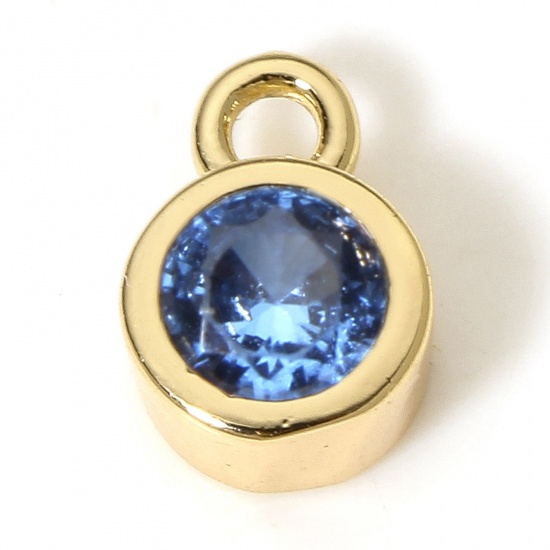 Picture of 2 PCs Eco-friendly Brass Birthstone Charms 18K Real Gold Plated Round March Blue Cubic Zirconia 8mm x 5.5mm