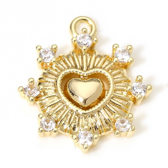Picture of 1 Piece Brass Valentine's Day Charms 18K Real Gold Plated Heart Clear Cubic Zirconia 15mm x 13mm