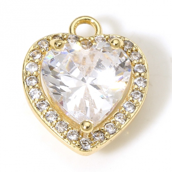 Picture of 1 Piece Brass Valentine's Day Charms 18K Real Gold Plated Heart Micro Pave Clear Cubic Zirconia 12mm x 10mm