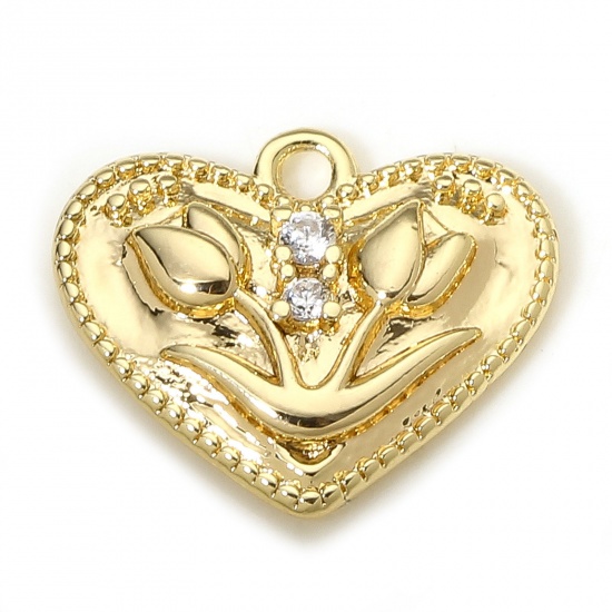 Picture of 1 Piece Brass Valentine's Day Charms 18K Real Gold Plated Heart Tulip Flower Clear Cubic Zirconia 14mm x 12mm
