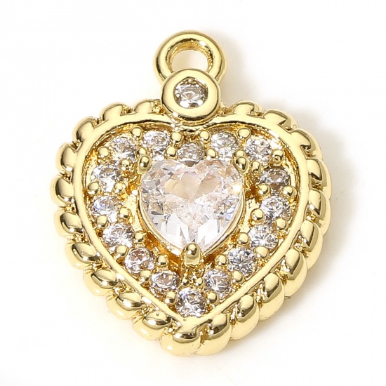 Picture of 1 Piece Brass Valentine's Day Charms 18K Real Gold Plated Heart Micro Pave Clear Cubic Zirconia 14mm x 11mm