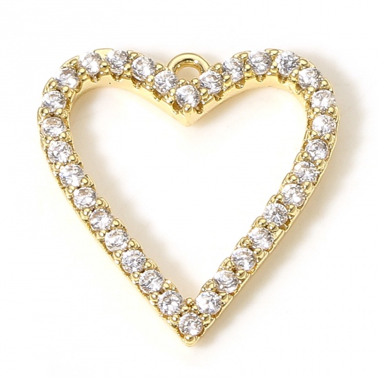 Picture of 1 Piece Brass Valentine's Day Charms 18K Real Gold Plated Heart Micro Pave Clear Cubic Zirconia 13mm x 12mm
