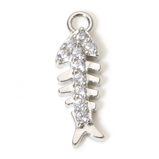 Picture of 1 Piece Brass Ocean Jewelry Charms Real Platinum Plated Fish Bone Micro Pave Clear Cubic Zirconia 15mm x 5mm