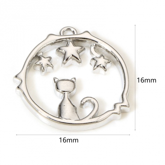 Picture of 1 Piece Brass Galaxy Charms Real Platinum Plated Cat Animal Star 16mm x 16mm