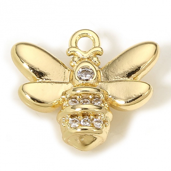 Picture of 2 PCs Brass Insect Charms 18K Real Gold Plated Bee Animal Micro Pave Clear Cubic Zirconia 13.5mm x 12mm