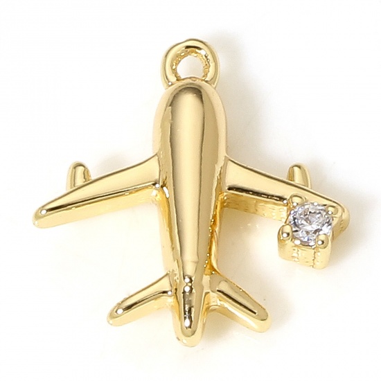 Picture of 2 PCs Brass Transport Charms 18K Real Gold Plated Airplane Clear Cubic Zirconia 10.5mm x 10mm