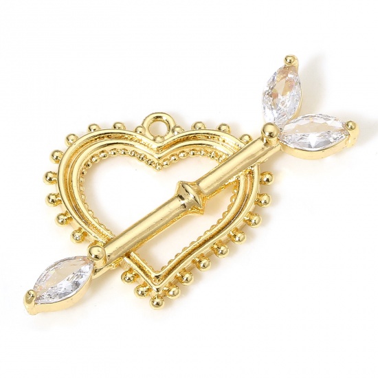 Picture of 1 Piece Brass Valentine's Day Charms 18K Real Gold Plated Heart Arrowhead Clear Cubic Zirconia 27mm x 22mm